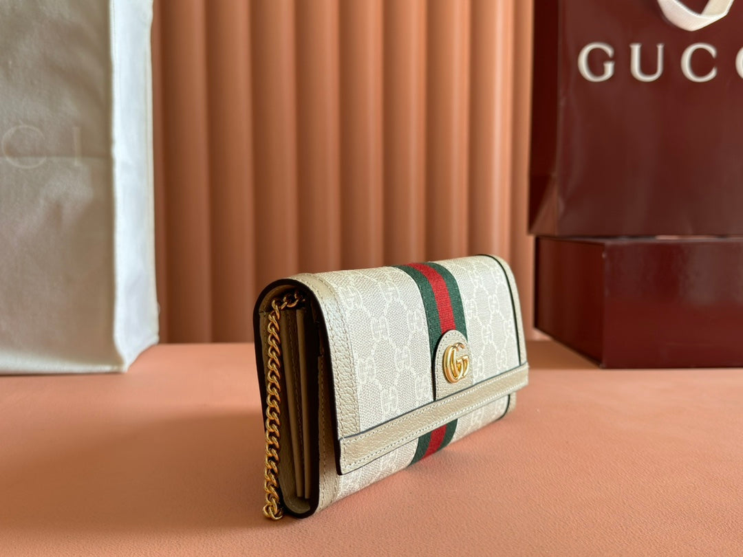 GUCCI OPHIDIA WALLET ON GOLD CHAIN 19 IN LIGHT BEIGE  CANVAS AND LIGHT BROWN CALFSKIN