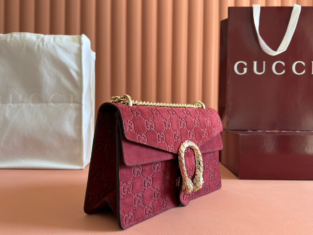 GUCCI DIONYSUS MEDIUM SHOULDER BAG 27.5 IN ROSSO ANCORA RED  SUEDE
