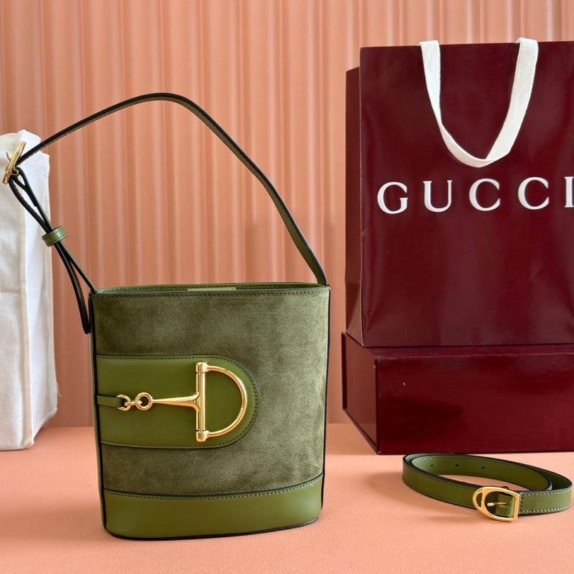 GUCCI 73 SMALL BUCKET BAG 20 IN GREEN SOFT SUEDE AND CALFSKIN