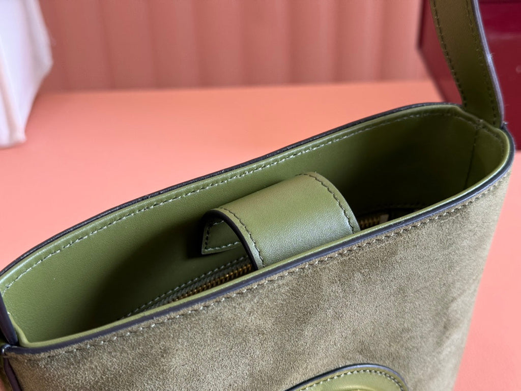 GUCCI 73 SMALL BUCKET BAG 20 IN GREEN SOFT SUEDE AND CALFSKIN
