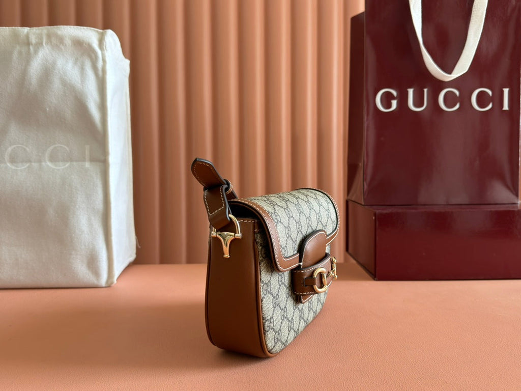 GUCCI SMALL HORSEBIT 1955 SHOULDER BAG 20 IN BEIGE AND DARK BROWN NEW  MONOGRAM CALFSKIN