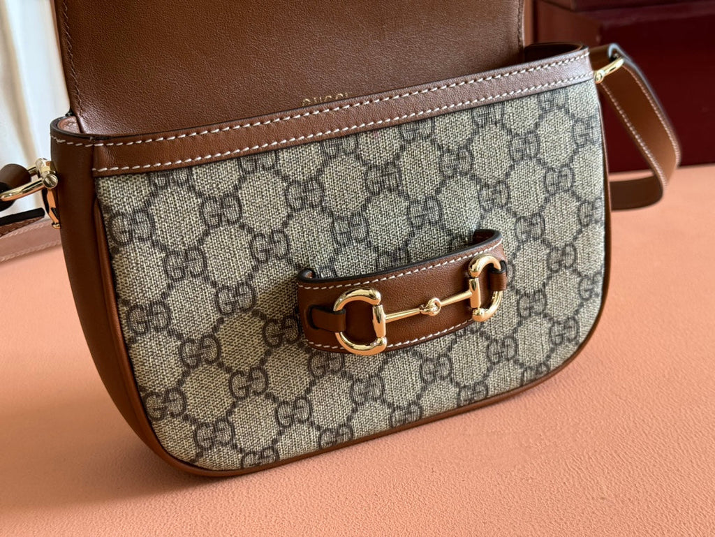 GUCCI SMALL HORSEBIT 1955 SHOULDER BAG 20 IN BEIGE AND DARK BROWN NEW  MONOGRAM CALFSKIN
