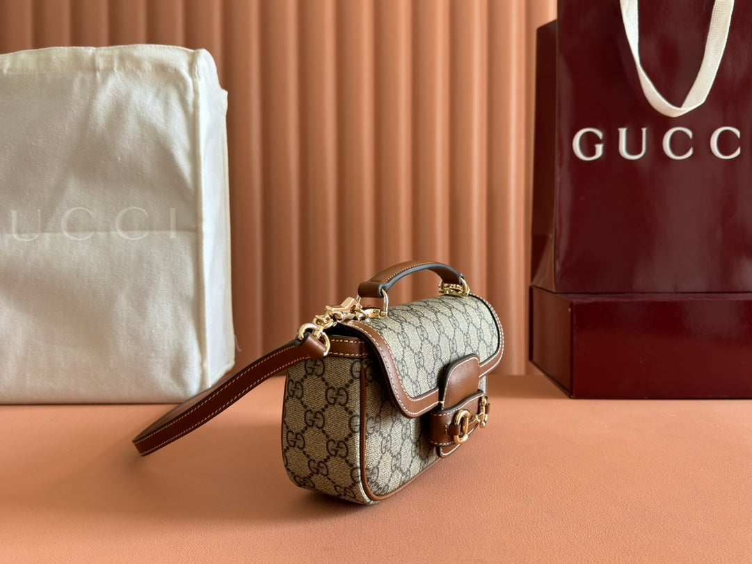 GUCCI SMALL HORSEBIT 1955 SHOULDER BAG 22.6 IN BEIGE/EBONY  WITH BROWN CALFSKIN TRIM