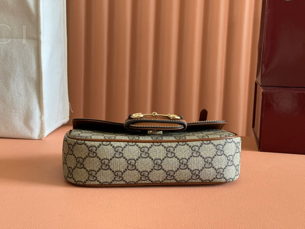 GUCCI SMALL HORSEBIT 1955 SHOULDER BAG 22.6 IN BEIGE/EBONY  WITH BROWN CALFSKIN TRIM