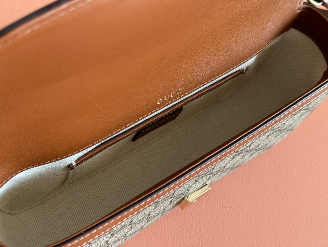 GUCCI SMALL HORSEBIT 1955 SHOULDER BAG 22.6 IN BEIGE/EBONY  WITH BROWN CALFSKIN TRIM