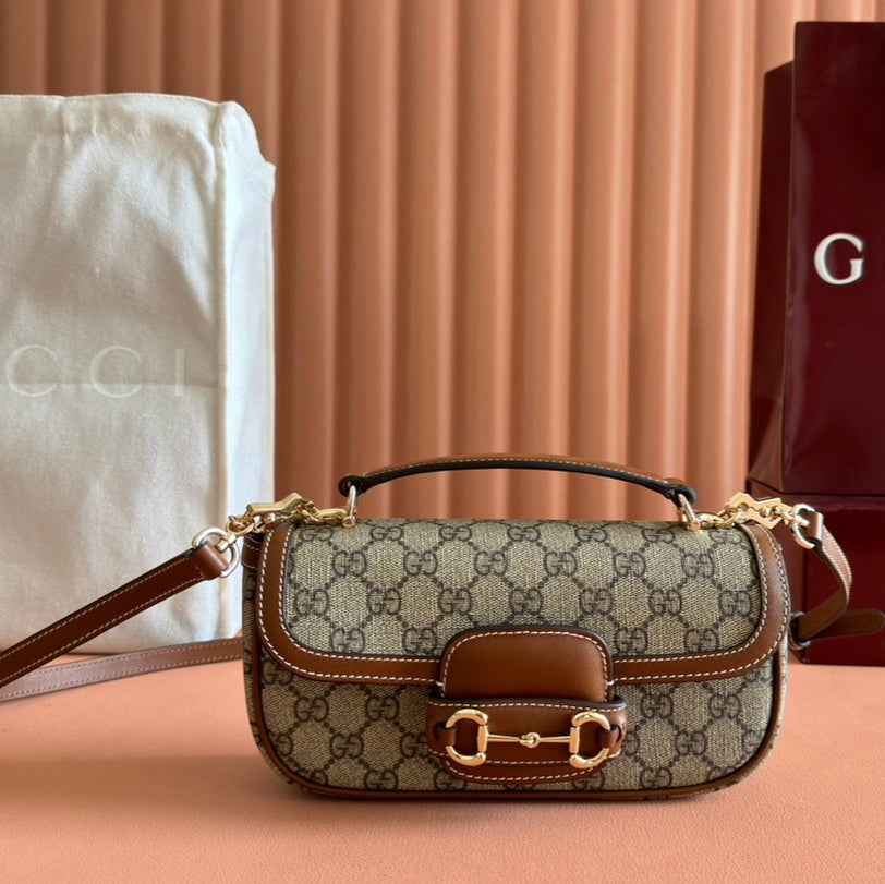 GUCCI SMALL HORSEBIT 1955 SHOULDER BAG 22.6 IN BEIGE/EBONY  WITH BROWN CALFSKIN TRIM