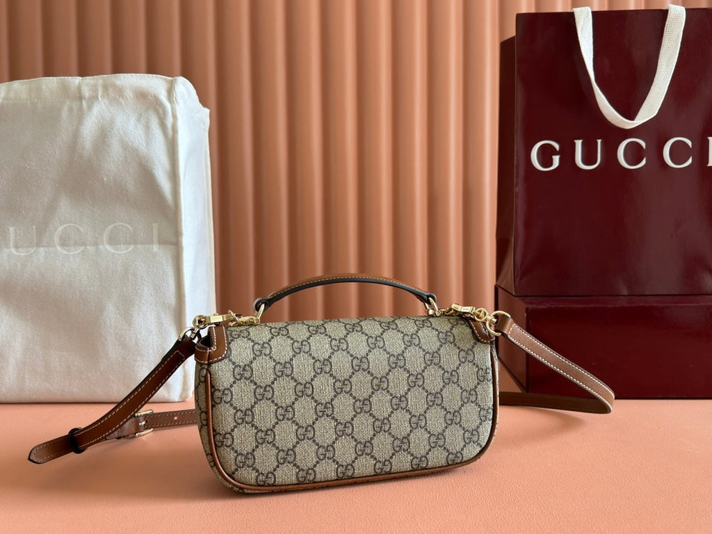 GUCCI SMALL HORSEBIT 1955 SHOULDER BAG 22.6 IN BEIGE/EBONY  WITH BROWN CALFSKIN TRIM
