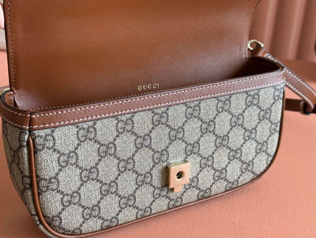 GUCCI SMALL HORSEBIT 1955 SHOULDER BAG 22.6 IN BEIGE/EBONY  WITH BROWN CALFSKIN TRIM