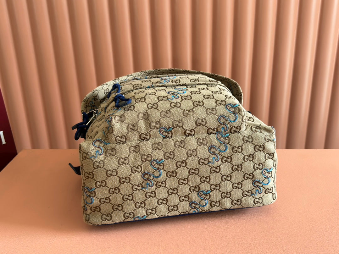 GUCCI BACKPACK 40 IN BEIGE AND BROWN CANVAS BLUE SNAKE EMBROIDERY
