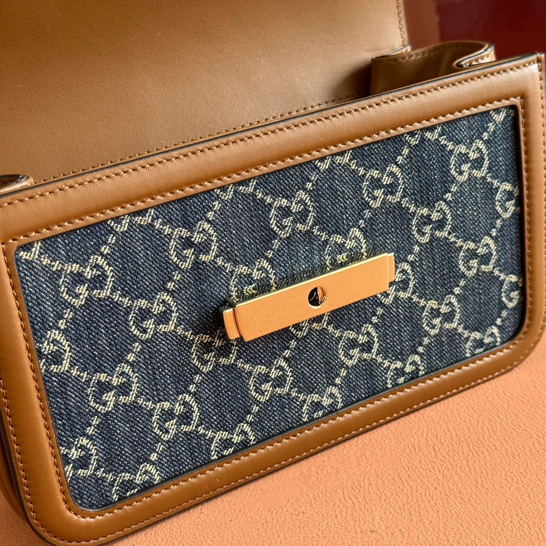 GUCCI GO SMALL SHOULDER BAG 21.5 IN BLUE DENIM BROWN CALFSKIN
