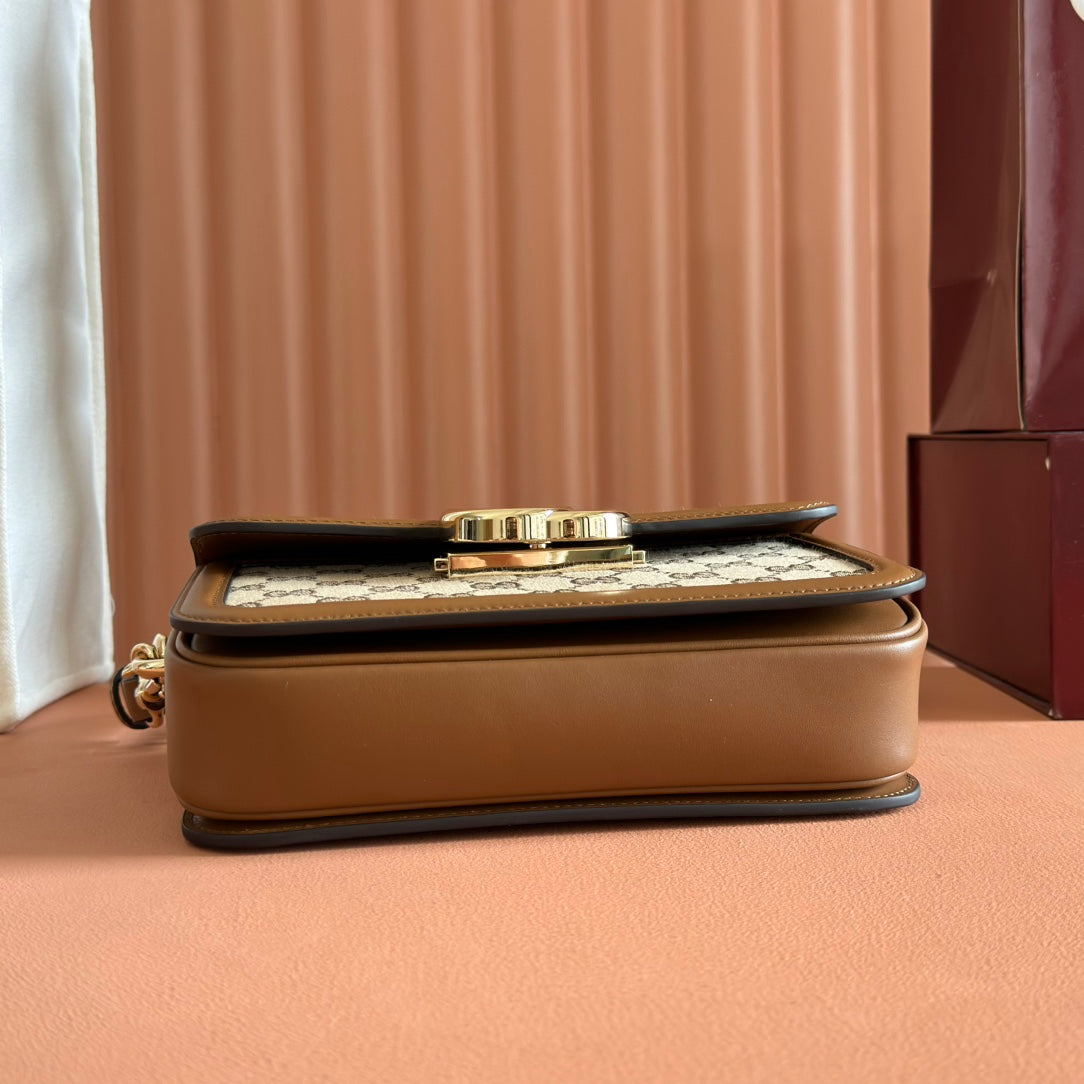 GUCCI GO SMALL SHOULDER BAG 21.5 IN BEIGE CANVAS BROWN CALFSKIN