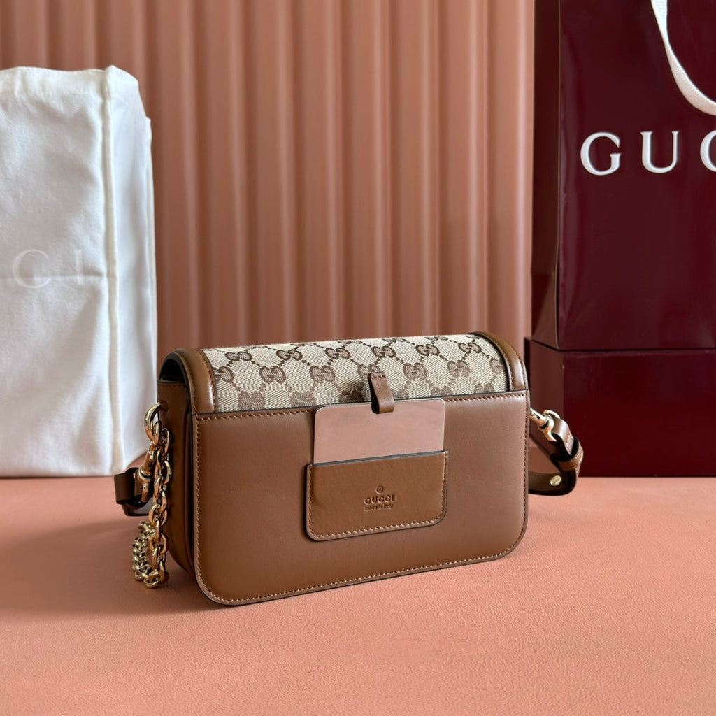GUCCI GO SMALL SHOULDER BAG 21.5 IN BEIGE CANVAS BROWN CALFSKIN
