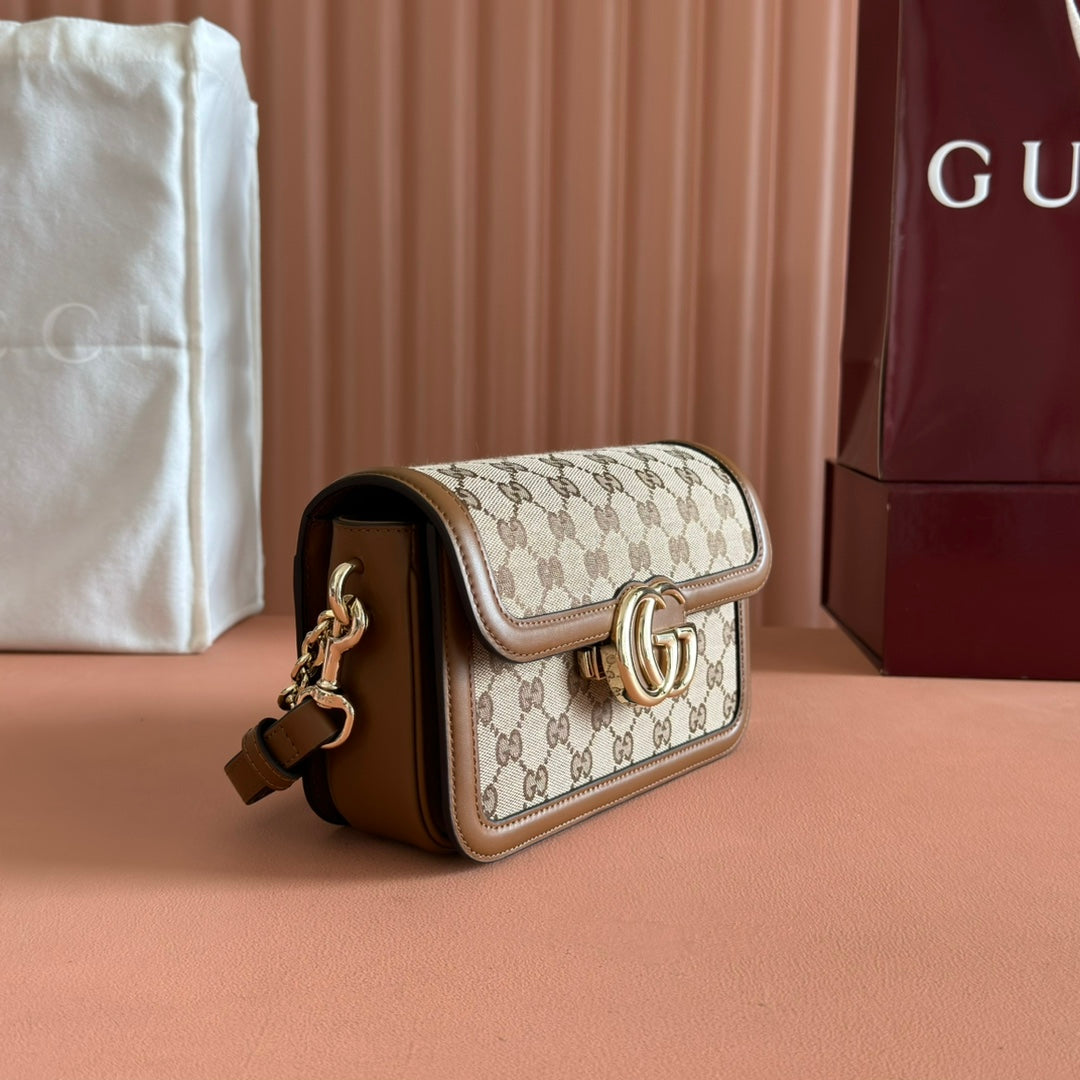 GUCCI GO SMALL SHOULDER BAG 21.5 IN BEIGE CANVAS BROWN CALFSKIN