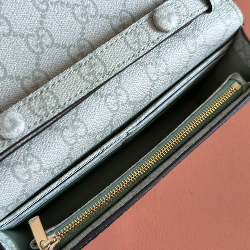 GUCCI EMBLEM WALLET ON CHAIN 20 IN SAGE GREEN SMOOTH CALFSKIN