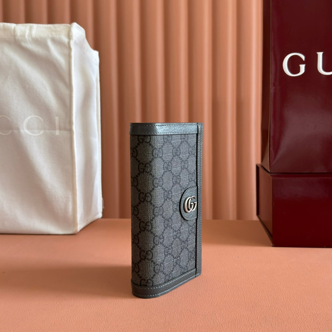 GUCCI OPHIDIA CARD CASE 19 IN DARK GREY COATED FABRIC AND CALFSKIN