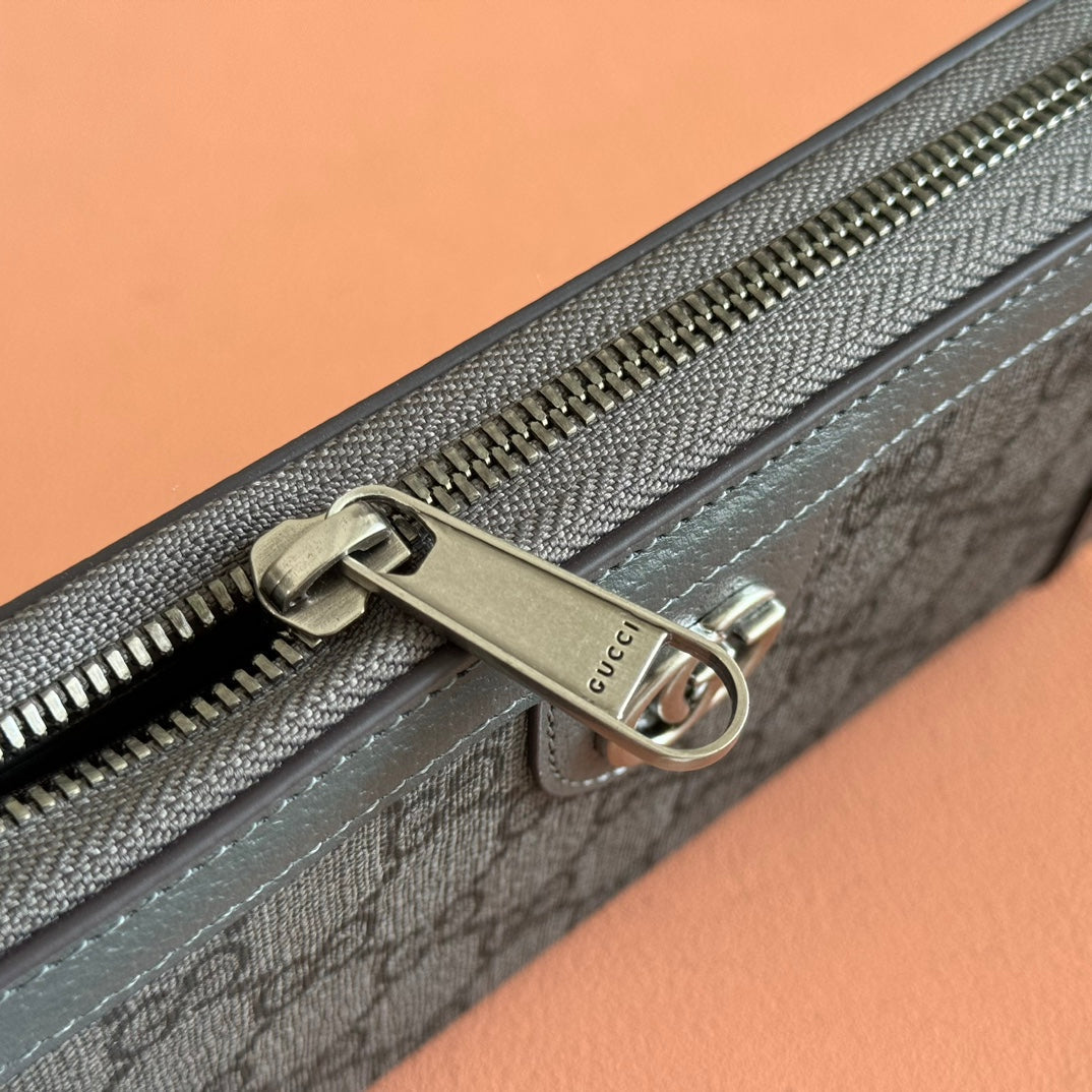 GUCCI OPHIDIA ZIP AROUND WALLET 19 IN DARK GREY COATED FABRIC AND CALFSKIN