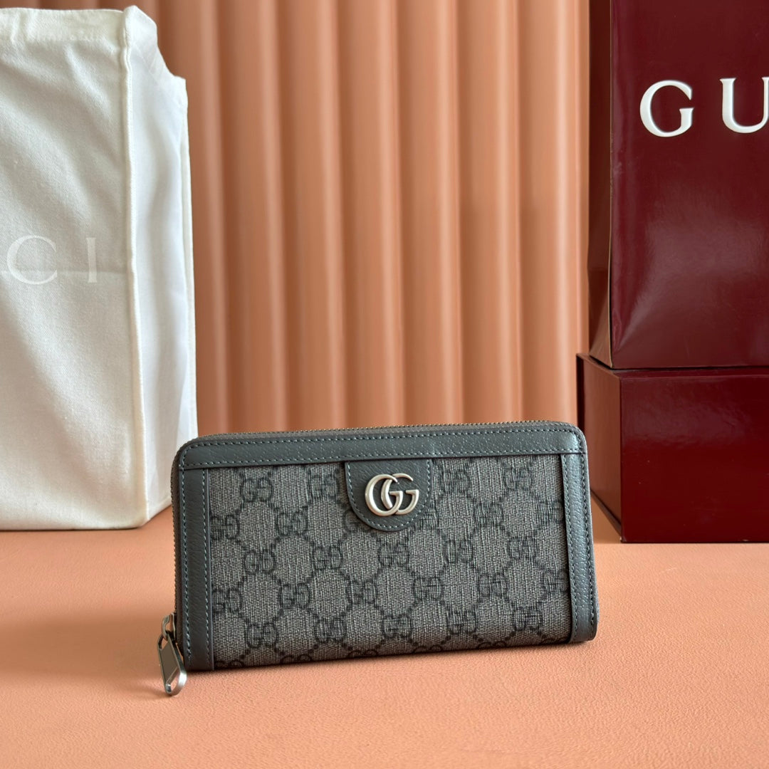GUCCI OPHIDIA ZIP AROUND WALLET 19 IN DARK GREY COATED FABRIC AND CALFSKIN