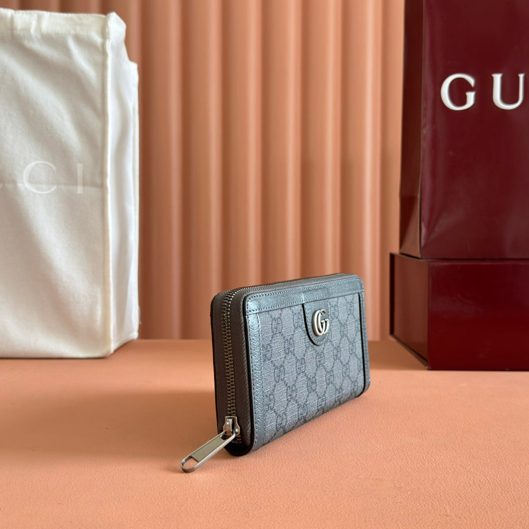 GUCCI OPHIDIA ZIP AROUND WALLET 19 IN DARK GREY COATED FABRIC AND CALFSKIN