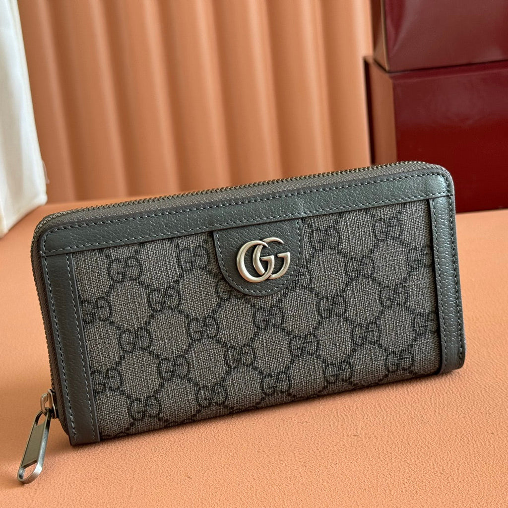 GUCCI OPHIDIA ZIP AROUND WALLET 19 IN DARK GREY COATED FABRIC AND CALFSKIN