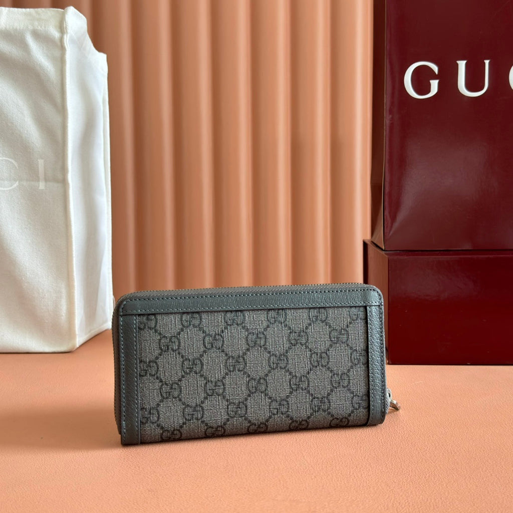 GUCCI OPHIDIA ZIP AROUND WALLET 19 IN DARK GREY COATED FABRIC AND CALFSKIN