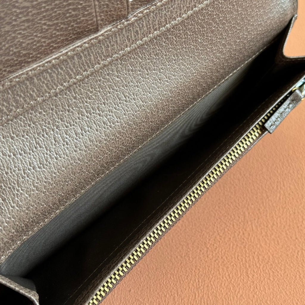 GUCCI OPHIDIA CARD CASE 19 IN BEIGE BROWN COATED FABRIC AND CALFSKIN