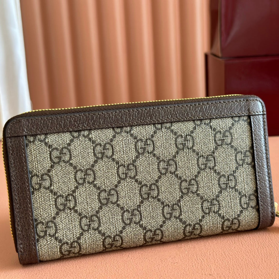 GUCCI OPHIDIA WALLET 19 IN BEIGE AND DARK BROWN COATED FABRIC AND CALFSKIN