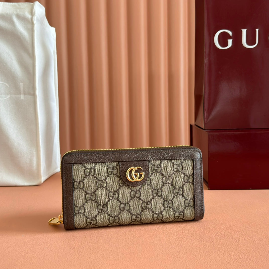 GUCCI OPHIDIA WALLET 19 IN BEIGE AND DARK BROWN COATED FABRIC AND CALFSKIN