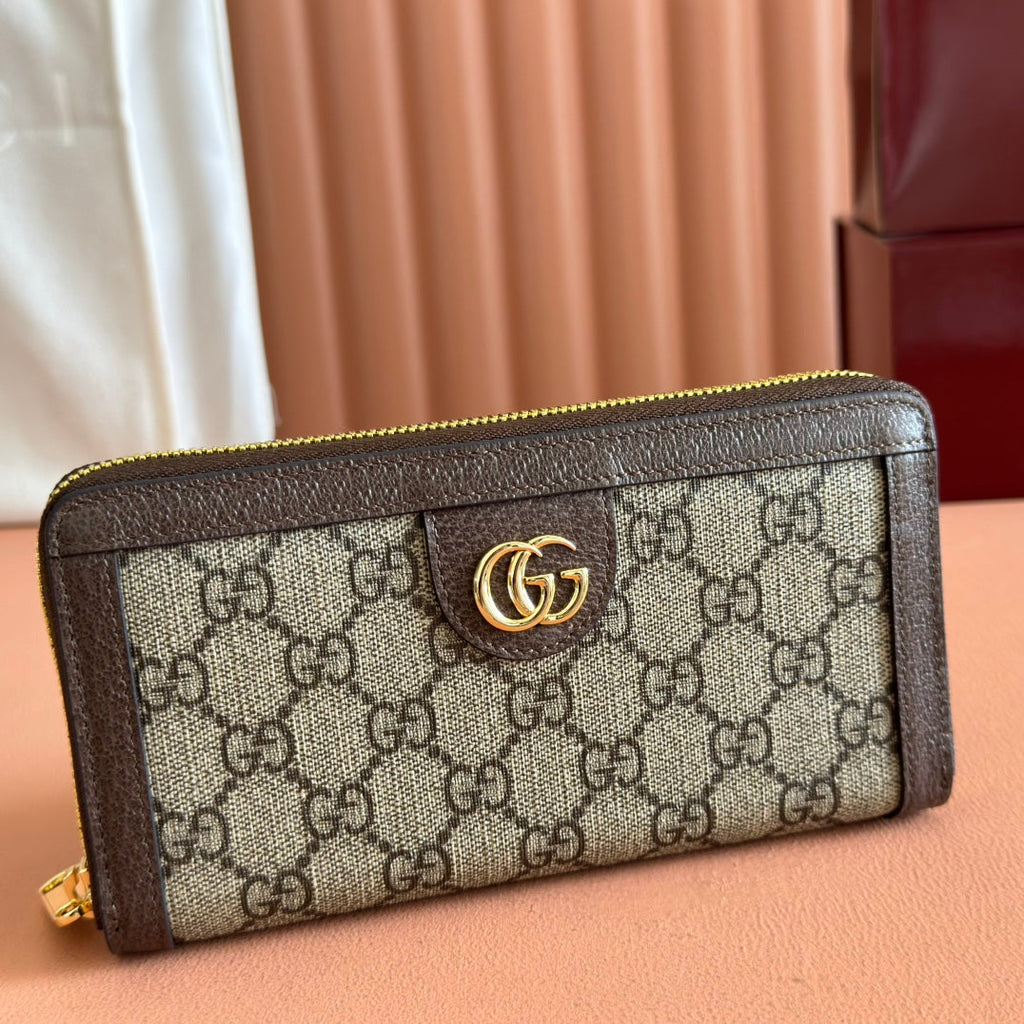 GUCCI OPHIDIA WALLET 19 IN BEIGE AND DARK BROWN COATED FABRIC AND CALFSKIN