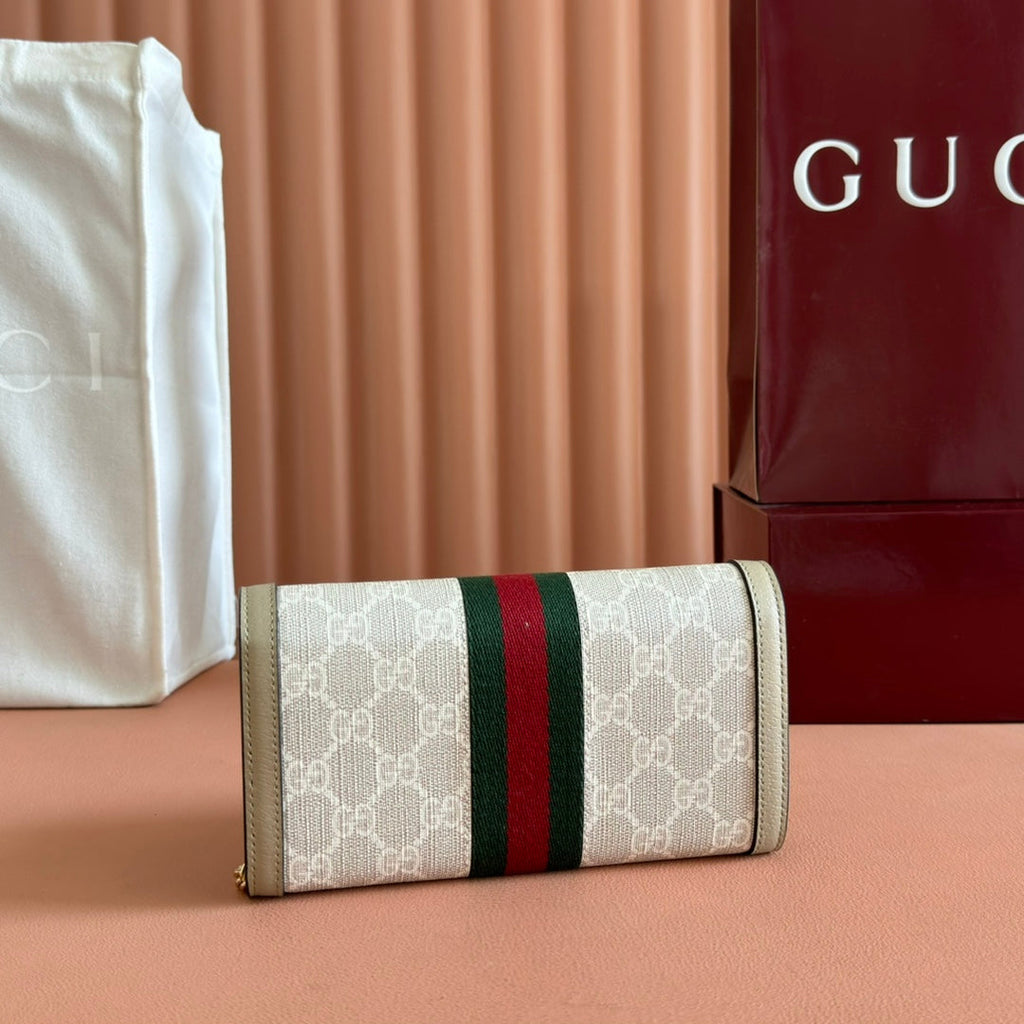GUCCI OPHIDIA WALLET ON CHAIN 19 IN BEIGE AND WHITE COATED FABRIC OATMEAL CALFSKIN