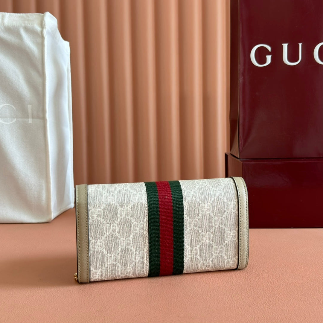 GUCCI OPHIDIA WALLET ON CHAIN 19 IN BEIGE AND WHITE COATED FABRIC OATMEAL CALFSKIN