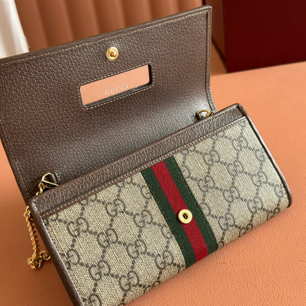 GUCCI OPHIDIA WALLET ON CHAIN 19 IN BEIGE AND DARK BROWN COATED FABRIC AND BROWN CALFSKIN TRIM