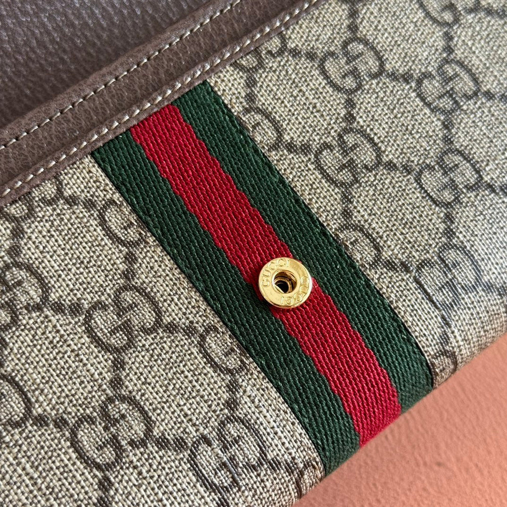 GUCCI OPHIDIA WALLET ON CHAIN 19 IN BEIGE AND DARK BROWN COATED FABRIC AND BROWN CALFSKIN TRIM