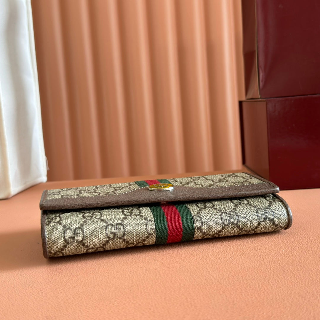 GUCCI OPHIDIA WALLET ON CHAIN 19 IN BEIGE AND DARK BROWN COATED FABRIC AND BROWN CALFSKIN TRIM