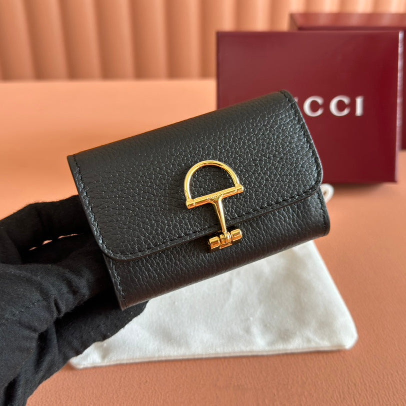 GUCCI SOFTBIT CARD CASE 10.5 IN BLACK GRAINY CALFSKIN GOLD HARDWARE