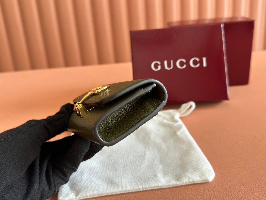 GUCCI SOFTBIT CARD CASE 10.5 IN GREEN GRAINY CALFSKIN GOLD HARDWARE