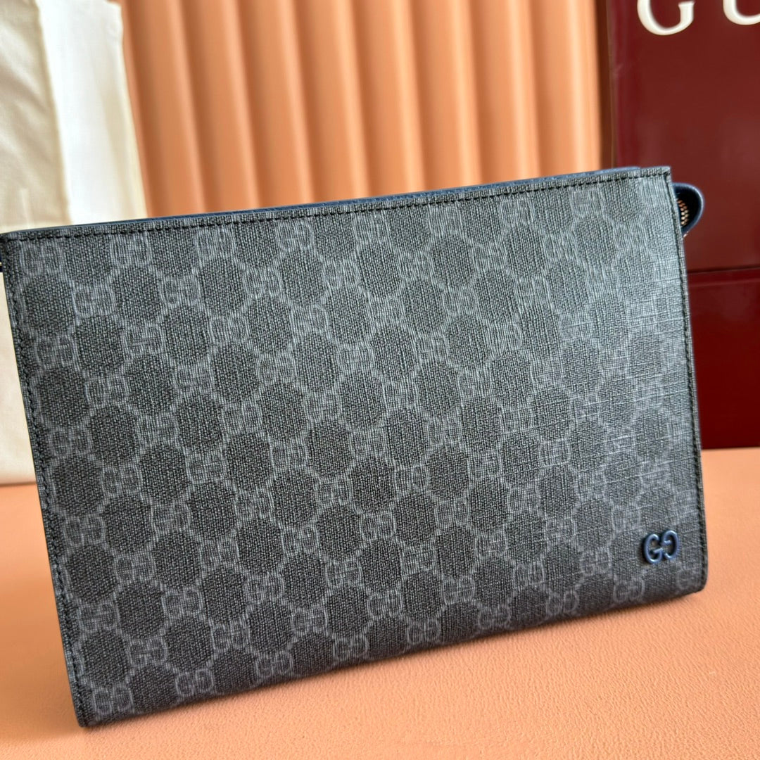 GUCCI OPHIDIA POUCH 26 IN DARK GREY MONOGRAM CANVAS AND NAVY BLUE CALFSKIN TRIM