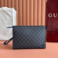 GUCCI OPHIDIA POUCH 26 IN DARK GREY MONOGRAM CANVAS AND NAVY BLUE CALFSKIN TRIM