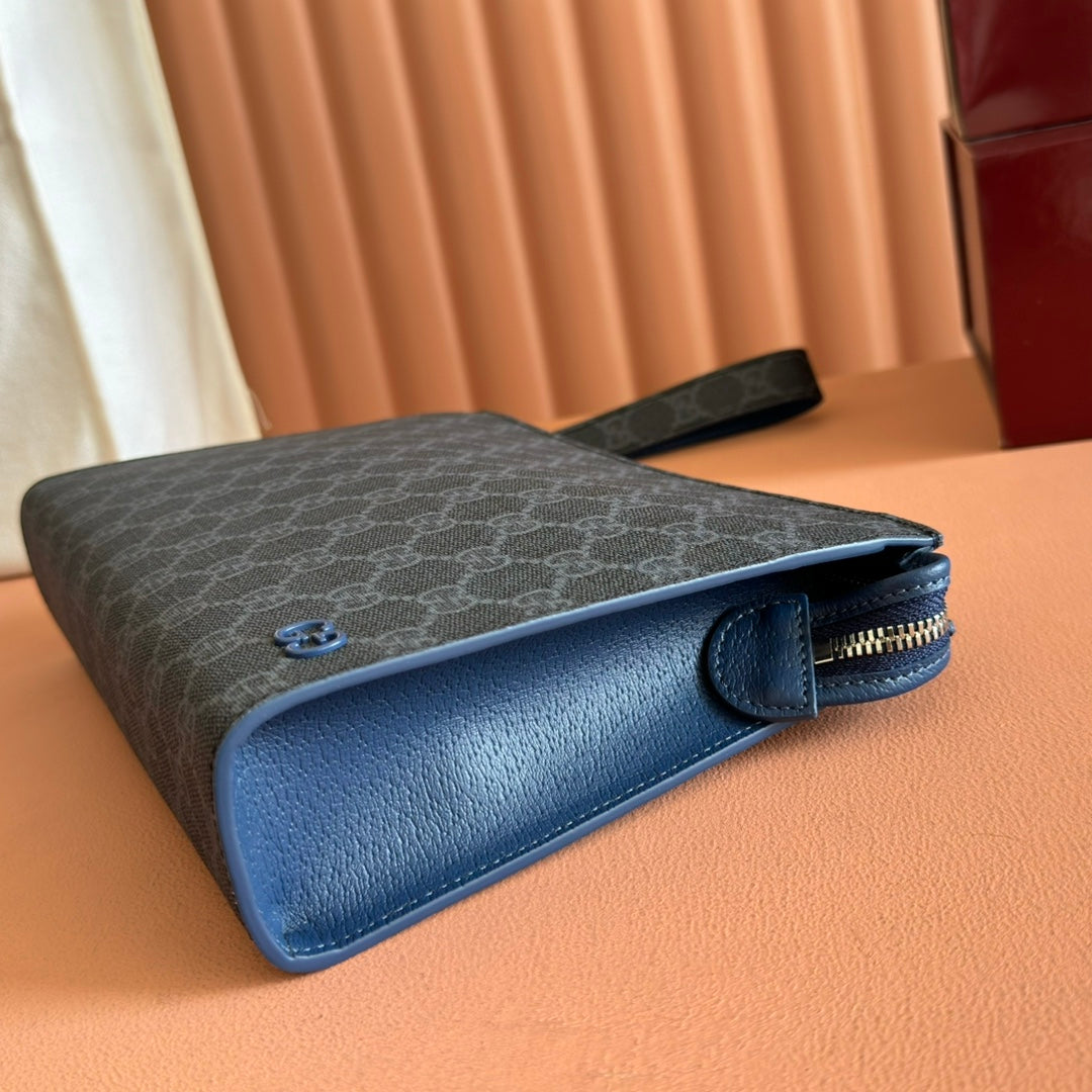 GUCCI OPHIDIA POUCH 26 IN DARK GREY MONOGRAM CANVAS AND NAVY BLUE CALFSKIN TRIM