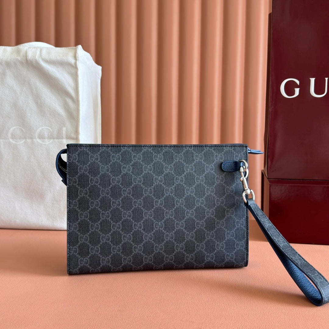 GUCCI OPHIDIA POUCH 26 IN DARK GREY MONOGRAM CANVAS AND NAVY BLUE CALFSKIN TRIM