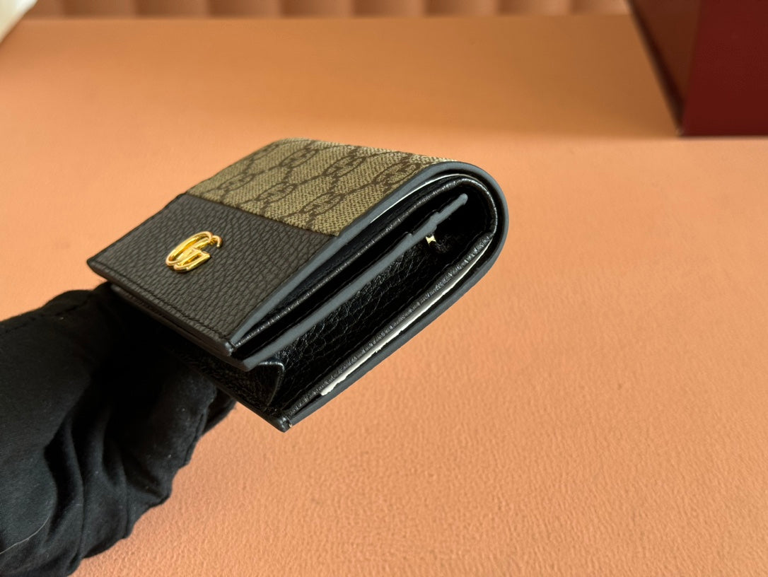 GUCCI MARMONT BI-COLOUR CARD CASE WALLET 11 IN BEIGE EBONY  CANVAS BLACK CALFSKIN