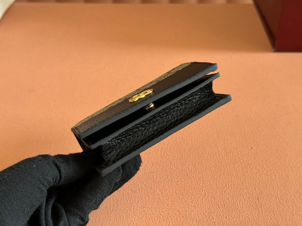 GUCCI MARMONT BI-COLOUR CARD CASE WALLET 11 IN BEIGE EBONY  CANVAS BLACK CALFSKIN