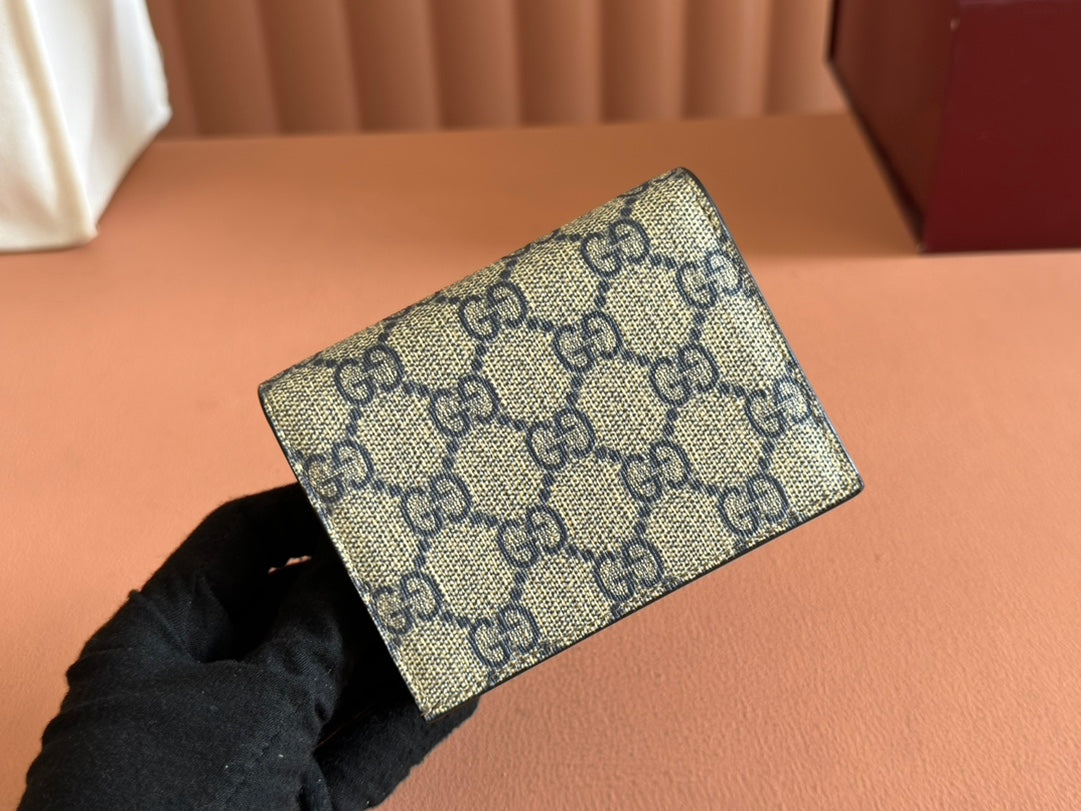 GUCCI MARMONT BI-COLOUR CARD CASE WALLET 11 IN BLUE BEIGE EBONY  CANVAS BLACK CALFSKIN