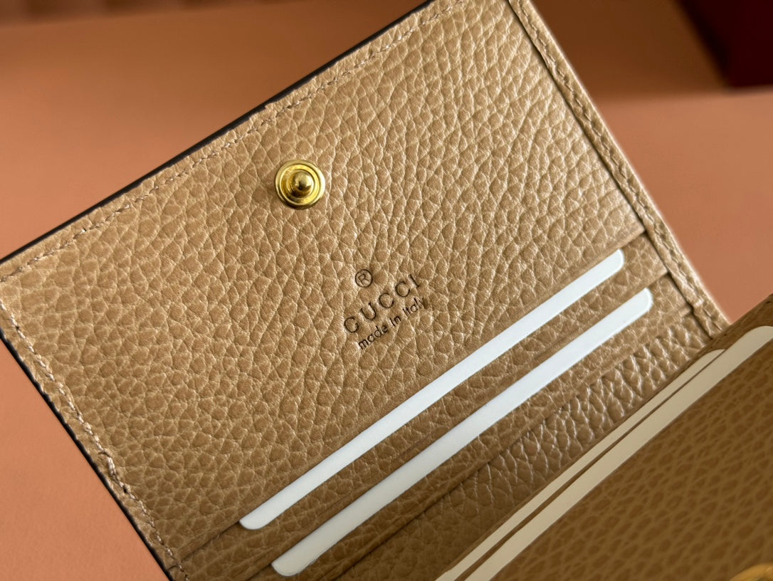 GUCCI MARMONT BI-COLOUR CARD CASE WALLET 11 IN BEIGE EBONY  CANVAS BROWN CALFSKIN
