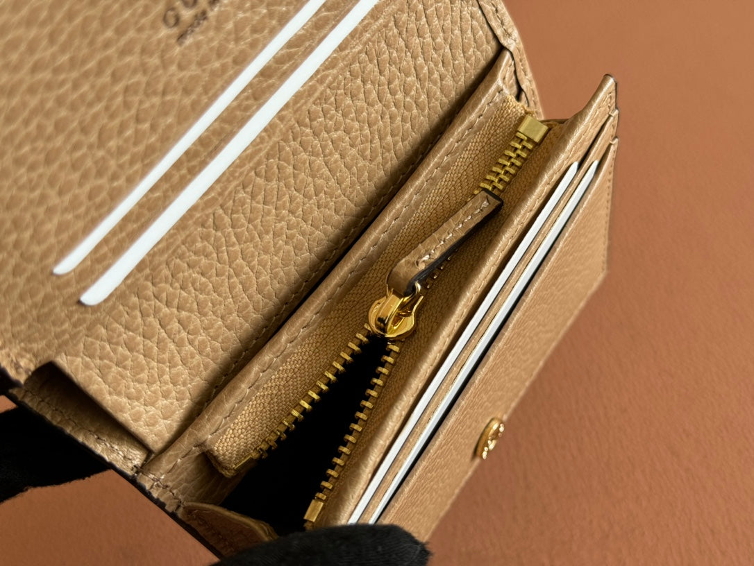 GUCCI MARMONT BI-COLOUR CARD CASE WALLET 11 IN BEIGE EBONY  CANVAS BROWN CALFSKIN