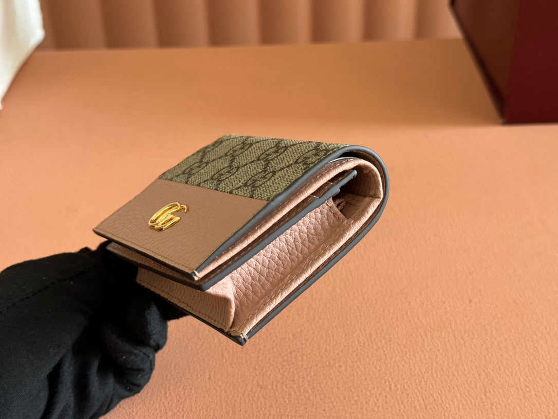 GUCCI MARMONT BI-COLOUR CARD CASE WALLET 11 IN BEIGE EBONY  CANVAS PINK CALFSKIN