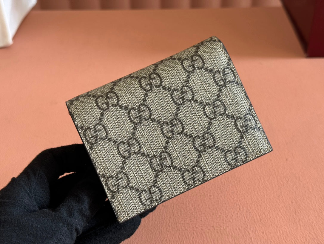 GUCCI MARMONT BI-COLOUR CARD CASE WALLET 11 IN BEIGE EBONY  CANVAS PINK CALFSKIN
