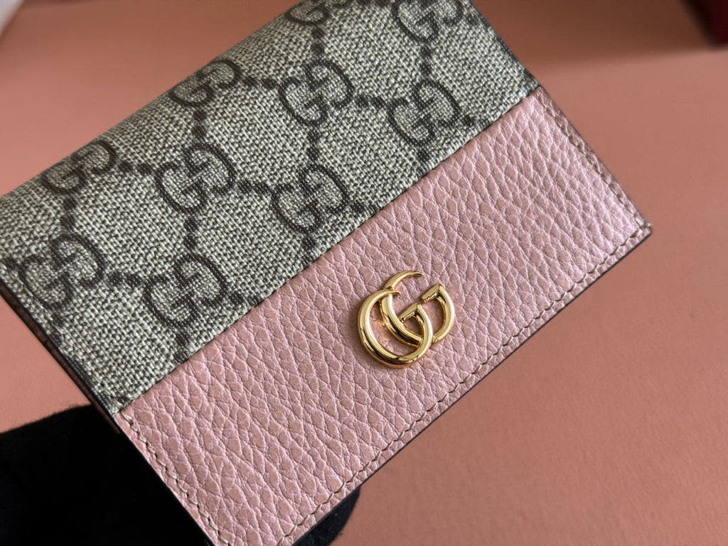 GUCCI MARMONT BI-COLOUR CARD CASE WALLET 11 IN BEIGE EBONY  CANVAS PINK CALFSKIN