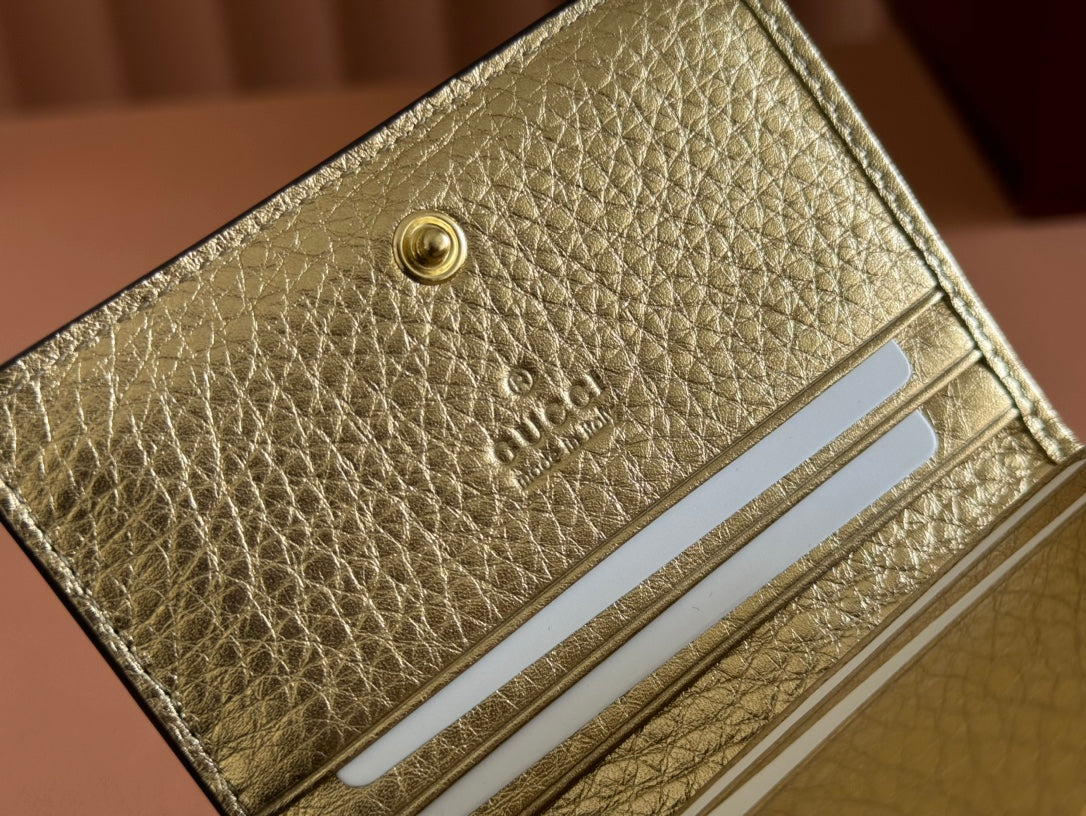 GUCCI MARMONT BI-COLOUR CARD CASE WALLET 11 IN BEIGE EBONY  CANVAS GOLD GLOSSY CALFSKIN