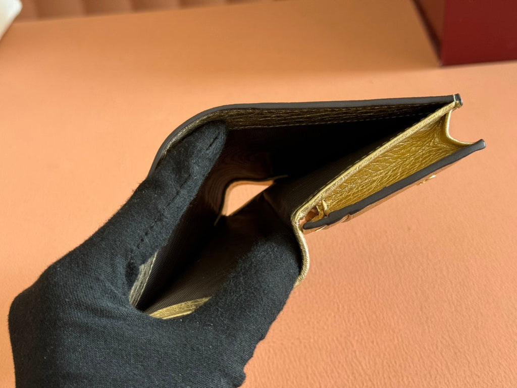GUCCI MARMONT BI-COLOUR CARD CASE WALLET 11 IN BEIGE EBONY  CANVAS GOLD GLOSSY CALFSKIN