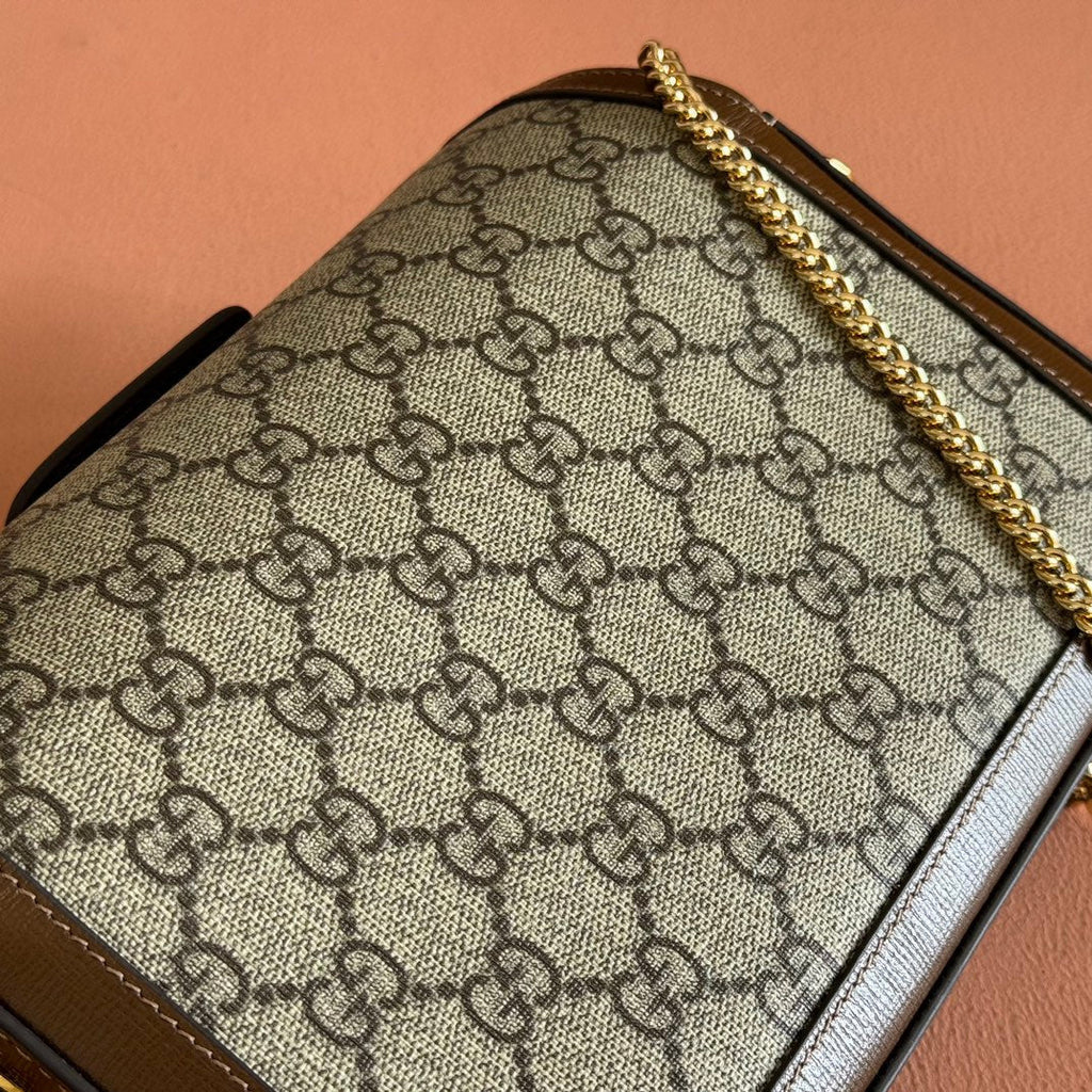 GUCCI HORSEBIT 1955 SMALL 21.5 IN BEIGE EBONY  SUPREME BROWN CALFSKIN GOLD HARDWARE